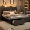 Queen Size Bed Frame with Storage Headboard and 2 Drawers, Upholstered Button Linen Platform Bed frame with Led Lights and Charging Station, No Box Spring Needed, Easy Assembly, Noise Free, Gray