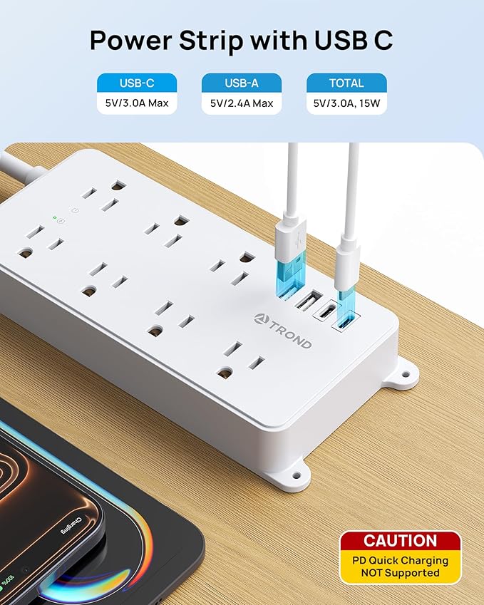 TROND Power Strip Surge Protector, 7 Widely Spaced Outlets with 2 USB A and 2 USB C, ETL Listed 1700J, Wall Mount, Flat Plug 5ft Extension Cord 14AWG Heavy Duty, for Home, Office Garage, White