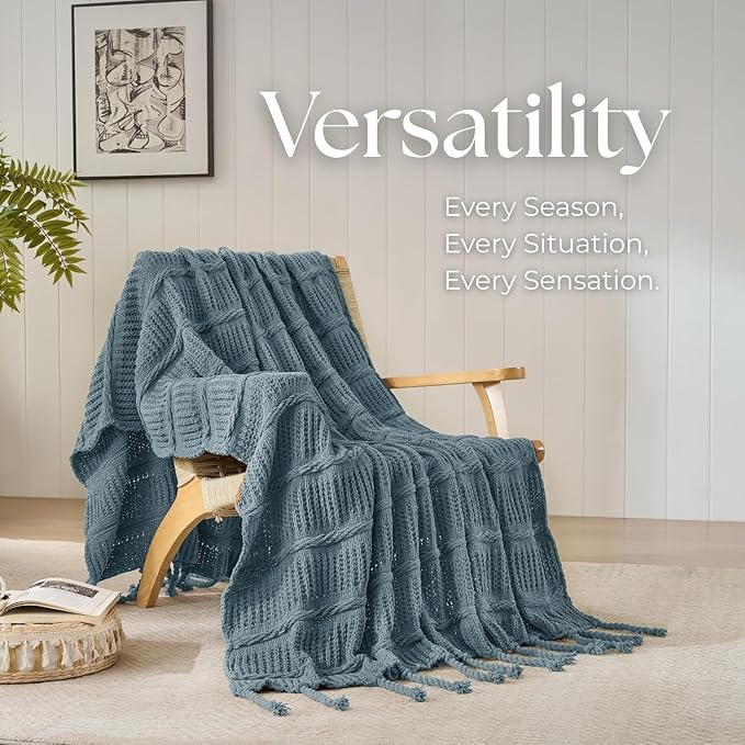 Boho Knitted Chenille Blanket with Tassels - Lightweight & Soft All-Season Throw - 3D Classic Pattern for Living Room Bedroom Couch, Celestial Blue, Throw 50"x60"