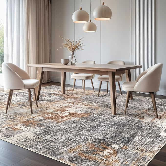 Area Rug Living Room Rugs - 5x8 Washable Large Soft Indoor Neutral Modern Abstract Low Pile Rug Carpet for Bedroom Dining Room Farmhouse Home Office - Grey Brown