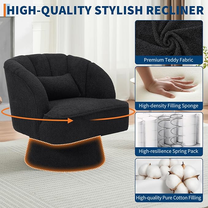 GarveeHome Modern Swivel Barrel Accent Chair, 360° Teddy Fabric Upholstered Armchair with Striped Backrest & Plush Padding, Comfy Round Lounge Chair for Living Room, Bedroom, Reading Nook, Black