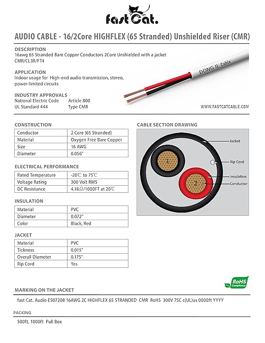 fast Cat. Speaker Wire 16 Guage 2C, UL Listed & CMR/CL3R-FT4 Rated - Speaker Cable w/PVC Jacket, 100% Oxygen-Free Pure Bare Copper - (65) HighFlex 16 Guage Wire - in-Wall Use-500ft Bulk Cable, Blue