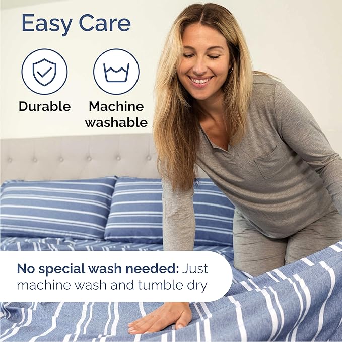 Queen 6 Piece Sheet Set - Cooling, Comfy & Breathable - Hotel Luxury Bedding, Includes Fitted Sheet for Women, Men, Kids & Teens - 1 Flat, 1 Fitted Sheet, 4 Pillowcases w/Deep Pockets - Blue Stripes