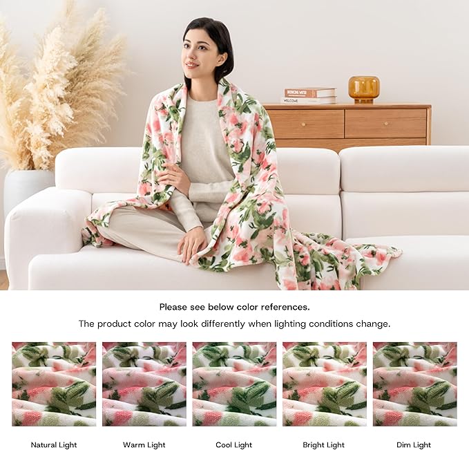 Luxury Printed Fleece Warm Blanket, Soft Lightweight Velvety Plush Throw for Couch and Bed, Cozy Comfy for All Seasons(Ivory Pink Flowers, 90×90 Inches)