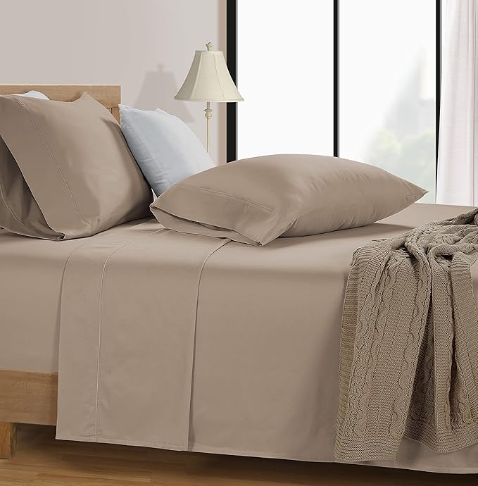 LANE LINEN 600 Thread Count 100% Mercerized Cotton Twin Sheets Set - Soft & Comfy Bed Sheets Set, Mercerized Cotton Sheets Set Twin Size, 15" Deep Pocket Twin Bedding Sheets & Pillowcases Set - Taupe
