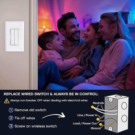 RunLessWire Click for Philips Hue – Battery-Free Wireless Smart Light Switch, 30ft Range – Works Natively with Philips Hue Bridge – Wall Mount Kinetic Switch - Decora Style, Ivory