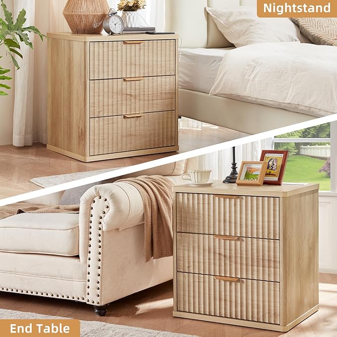 LEYAOYAO Fluted Dresser and 3 Drawers Nightstand Set of 2, Wood 48" Wide Dresser & 23" Night Stand with Charging Station, 3 Piece Bedroom Furniture Set, Chest of Drawers for Home,Living Room,Wood