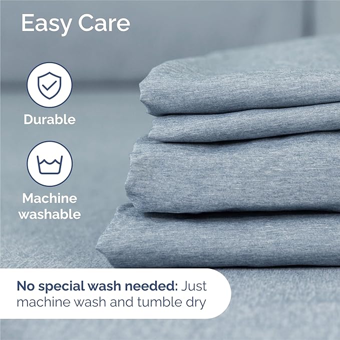 Split King 7 Piece Sheet Set - Cooling & Breathable - Hotel Luxury Bedding Includes Fitted Sheets for Women, Men, Kids & Teens - 1 Flat, 2 Fitted Sheets, 4 Pillowcases w/Deep Pockets - Heathered Blue