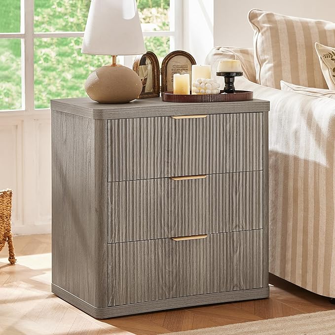 LEYAOYAO Fluted Dresser and 3 Drawers Nightstand Set of 2, Wood 48" Wide Dresser & 23" Night Stand with Charging Station, 3 Piece Bedroom Furniture Set, Chest of Drawers for Home,Living Room,Grey