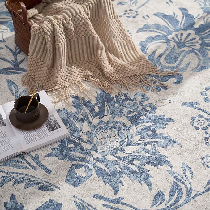 jinchan Torino Runner Rugs 3x8, Vintage-Inspired Floral Design Machine Washable Non-Slip Ultra-Thin Low-Pile Rubber Backing Traditional Rug for Kitchen Hallway Laundry Room Entryway Dark Blue