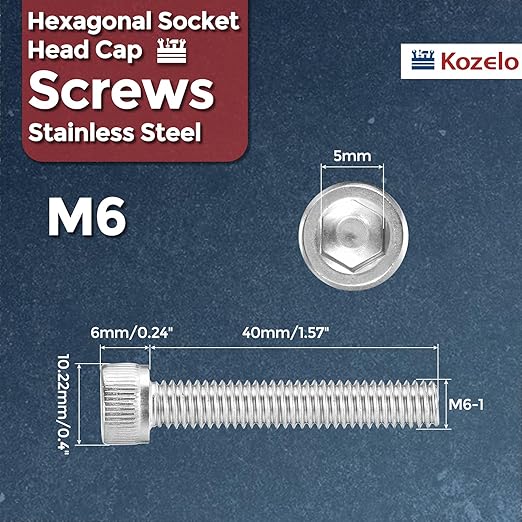 Kozelo 15pcs Socket Head Cap Screws - [M6-1 x 40mm] 304 Stainless Steel Allen Socket Drive for Electrical Motor 3D Printing Fan Engine Replacement Use, Silver
