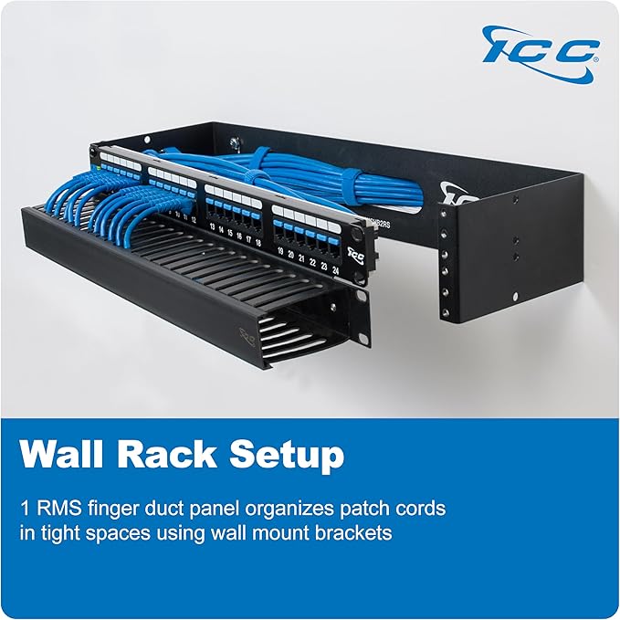 ICC 1U Finger Duct Cable Manager Panel with Cover, Plastic with Metal Back Frame, 3" Depth, Horizontal Cable Management, Rackmount for 19” Network Racks, Black, Single Pack