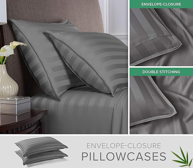 Pure Bamboo Full Sheets, Genuine 100% Organic Viscose Derived from Bamboo Bed Sheet Set, Luxuriously Soft & Cooling, Double Stitching, 2 Year Quality Promise (Full, Jacquard Stone)