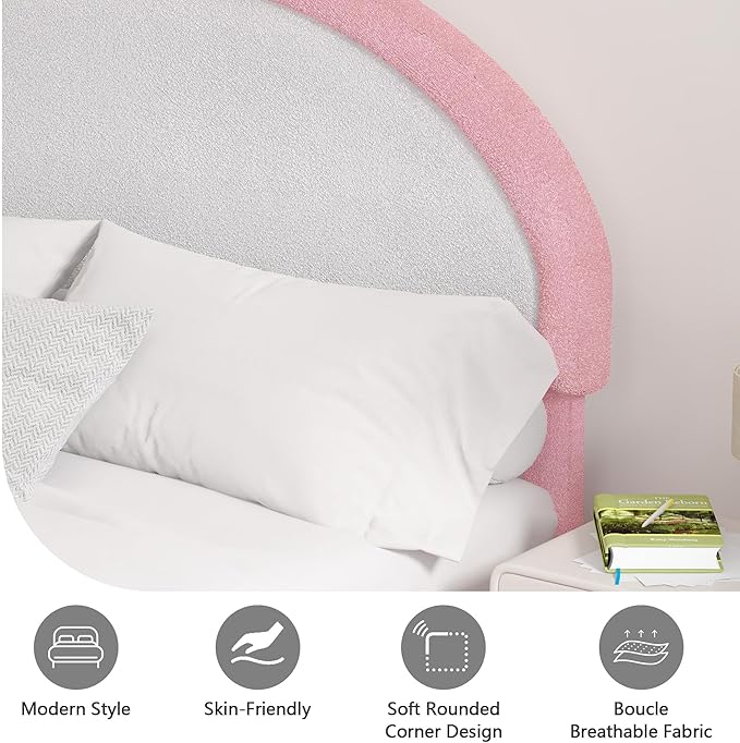 Twin Bed Frames with Headboard, Boucle Upholstered Platform Bed, White Bed Frame, Soft Rounded Corners, No Box Spring Needed, Easy Assembly, Pink&White
