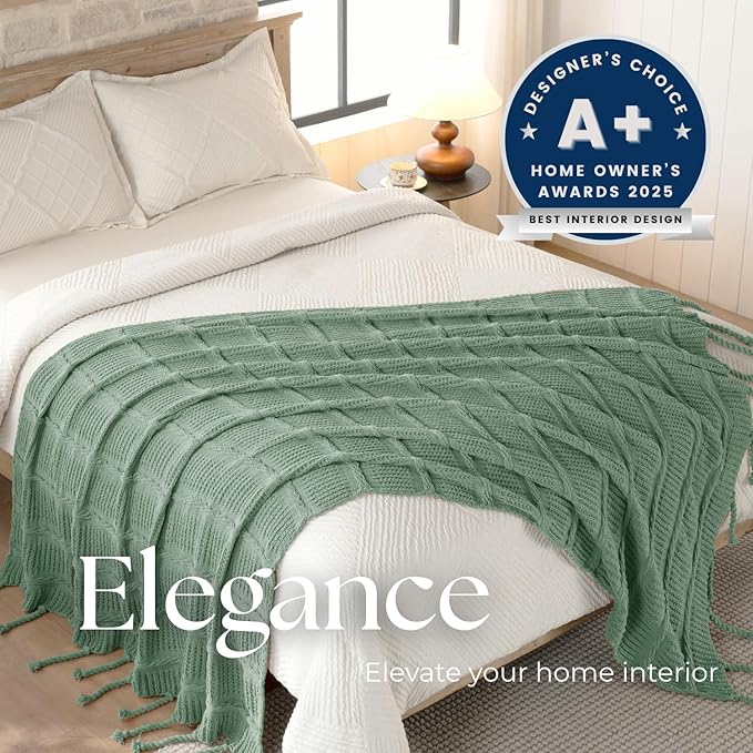 Boho Knitted Chenille Blanket with Tassels - Lightweight & Soft All-Season Throw - 3D Classic Pattern for Living Room Bedroom Couch, Sage Green, King 90"x108"