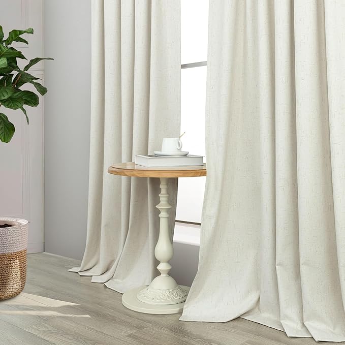 Extra Wide Room Darkening 90 Inch Curtains 2 Panels for Living Room Ivory Cream Colored Linen Blackout Curtain for Bedroom Windows 120 to 140 Privacy Thermal Window Drapes Back Tab Pocket 70x90 Long