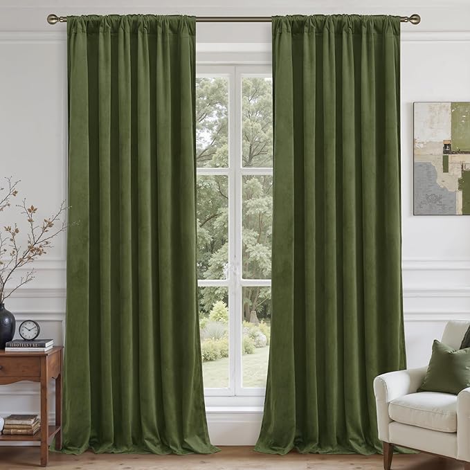 LAMIT Sage Green Velvet Curtains 84 Inch Length for Living Room, Super Soft Thermal Insulated Room Darkening Panels Privacy Back Tab and Rod Pocket Spring Drapes for Bedroom, 2 Panels, 52 x 84 Inch
