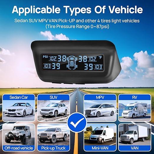 Masoll Tire Pressure Monitoring System, RV/Trailler TPMS with Solar Charging & Auto Calibration, M13 LCD Display tpms 4 sensors (0-87PSI)