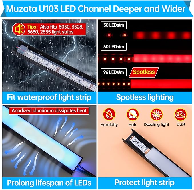 Muzata 20Pack 3.3FT/1M Plus-Size Spotless LED Channel Black LED Strip Diffuser Channel with Milky Frosted White Diffuser Cover U103 BW 1M