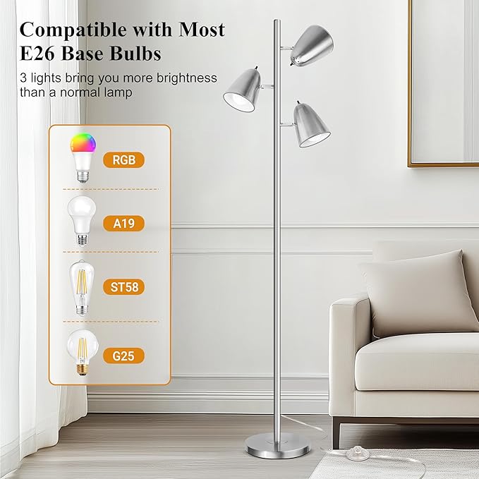 QiMH Tree Floor Lamp with 3 Light Bulbs, Standing Tall Pole Lamps for Living Room Bedroom Office, Reading Stand up Lamps with 3 Adjustable Arms,Brushed Nickel
