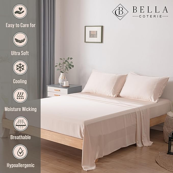 Bella Coterie Luxury Bamboo Viscose Split King Size Sheet Set | 2 Fitted Sheets for Sleep Number & Adjustable Beds | 100% Organically Grown | Cooling & Ultra Soft | 18” Deep Pocket [Champagne]