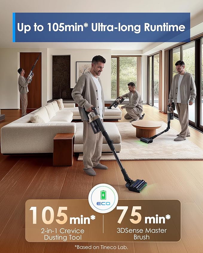 Tineco Pure ONE A90S Cordless Vacuum Cleaner, 270AW Powerful Suction Stick Vacuum Cordless Rechargeable, Up to 105min Runtime, 3DSense Master Brush, 150° Green LED Light with Floor Type Detection