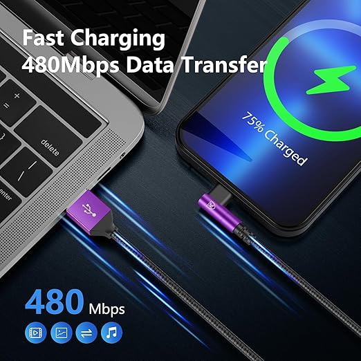 10ft iPhone Charger Cable,3Pack 90 Degree Charging Cable, [Apple MFi Certified] Long Lightning Cable Fast Charging Cord Compatible for iPhone 14/13/12/11/Pro/Max/Mini/X/Plus/8/7/6/Plus/ - Purple