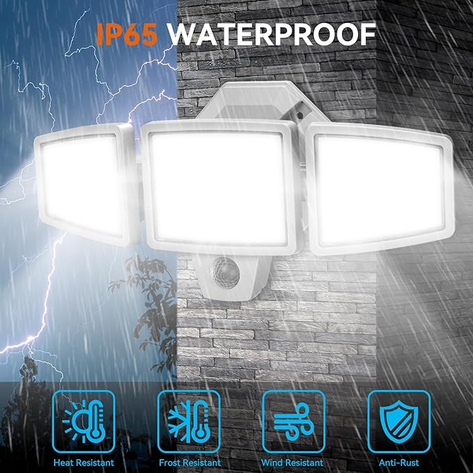 PURICH LED Security Lights Motion Sensor Outdoor Lights, 5000K Daylight, IP65 Waterproof, Dusk to Dawn, 3-Head Motion Detected Flood Light for Garage, Yard, Porch, White, 2 Pack