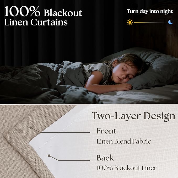 Pleated Linen Blackout Curtains 112 Inches Long for Living Room Pinch Pleat for Track System Custom Made Memory Shape Drape 100% Black Out Light Blocking Bedroom Window Curtain Greige Burlywood Birch