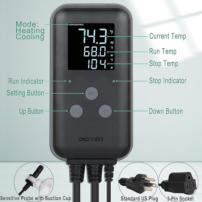 SENSTREE Greenhouse Temperature Controller Digital Waterproof Thermostat for Home Brewing, Fermentation, Breeding, Incubation, Terrarium, Heating & Cooling, 110V 10A 1100W