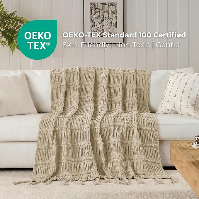 Boho Knitted Chenille Blanket with Tassels - Lightweight & Soft All-Season Throw - 3D Classic Pattern for Living Room Bedroom Couch, Sandy Beige, Throw 50"x60"