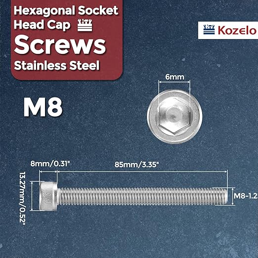 Kozelo 5pcs Socket Head Cap Screws - [M8-1.25 x 85mm] 304 Stainless Steel Allen Socket Drive for Electrical Motor 3D Printing Fan Engine Replacement Use, Silver
