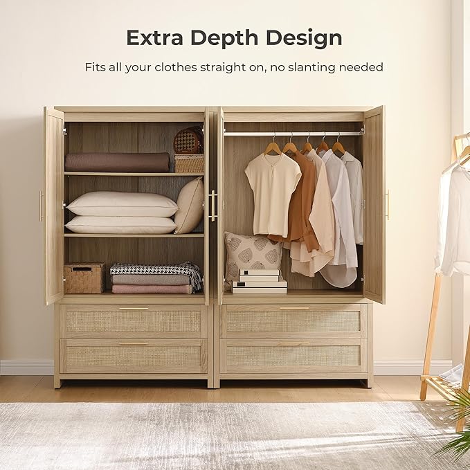 SICOTAS Armoire Wardrobe Closet, Larger Rattan Armoires Wardrobe Cabinet with 2 Large Drawers & Hanging Rod, Tall Closet Storage Cabinet for Cloak Room, Bedroom, Light Oak (3 PCS)