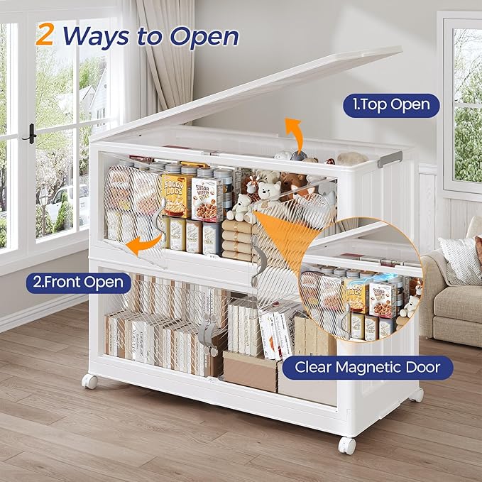 720QT Plastic Stackable Storage Bins with Lid, 180GAL Extra Large Collapsible Box with Wheels Clear Door, Foldable Closet Organizer Container Cabinet Drawer for Home Kitchen，6Pack, White