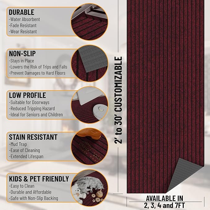 Ottomanson 2'7" x 9' Hallway Runner with Scraper Pile Extra Durable Non-Slip Rug Mat for Indoor & Outdoor Use - Ideal for Kitchen, Entryway, Patio & Garage - High-Traffic Carpet, Red
