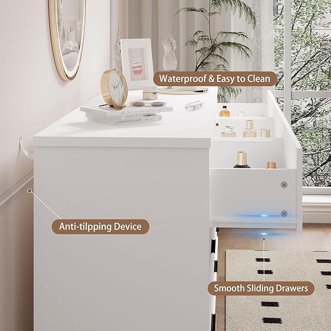 Dresser for Bedroom with 7 Drawer, Wood Modern Chest of Drawers with X-Shaped Sturdy Base, Wide Double Dresser Closet Clothes Storage Organizer, Wooden TV Stand for Living Room, Hallway, White