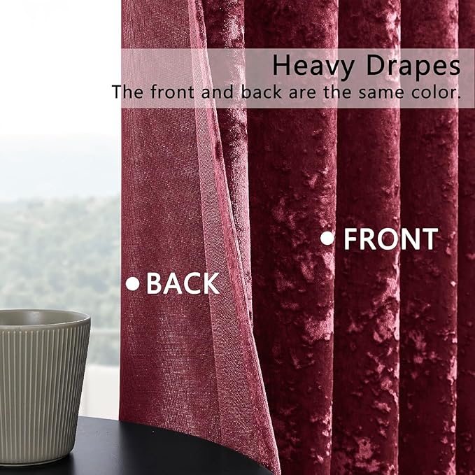 SMILETIME Burgundy Red Crushed Velvet Curtains 52x90 inch Luxurious Thermal Insulated Soundproof Drapes for Living Room Bedroom Office Soft and Durable Light-Filtering Window Treatments, 2 Panels