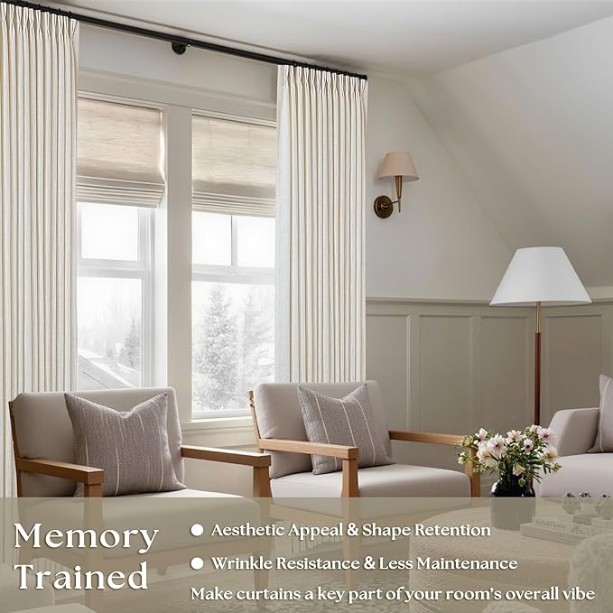 Natural Pinch Pleated Linen Curtains 126 Inches Long 2 Panels for Living Room Bedroom Memory Training Shaped Semi Sheer Pleat Drapes Hooks Rings Light Filtering Window Curtain 40x126