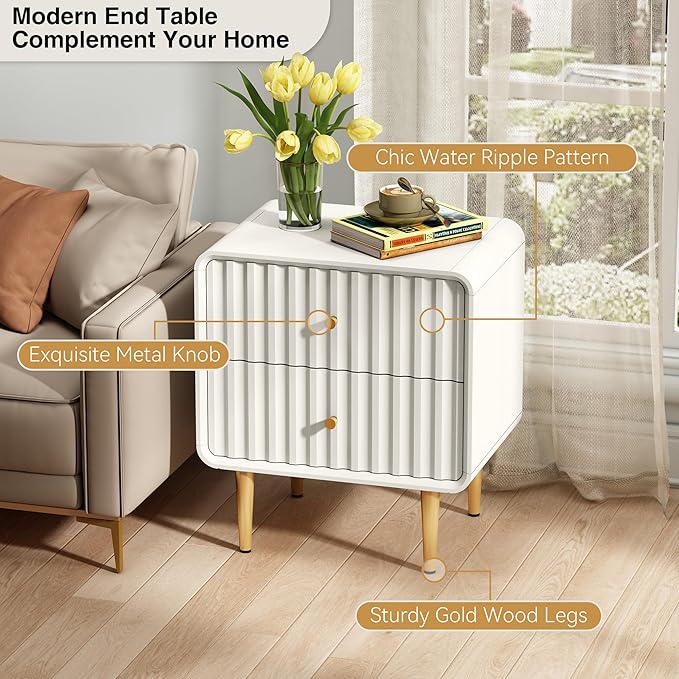 HLR Modern Nightstand Set of 2, Fluted Bed Side Table with 2 Drawers Storage, Wood End Table with Gold Metal Handle, White Night Stands for Bedroom