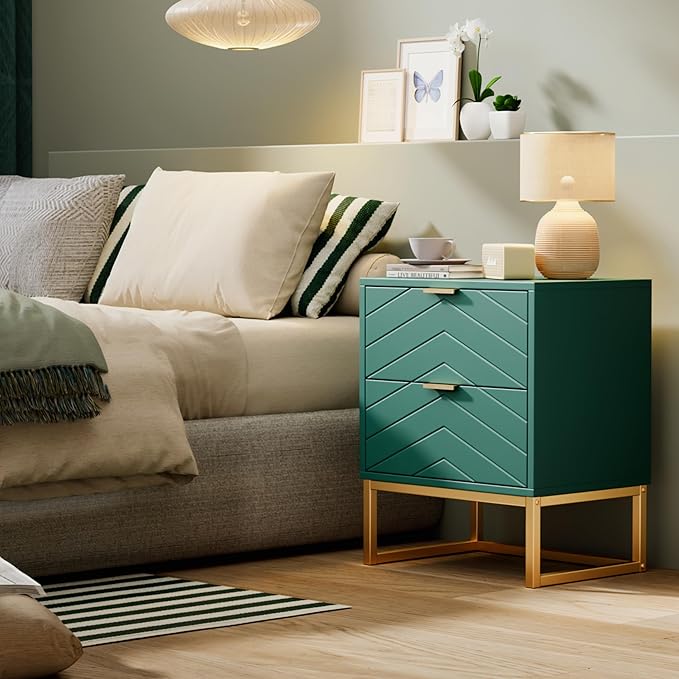 Anbuy 9 Drawer Dresser and Nightstand Sets for Bedroom, Night Stand Set of 2 & 9 Drawer Dresser with Gold Handles, 3 Pieces Bedroom Sets, Morden Wood Chest of Drawers Storage Cabinet Set, Green