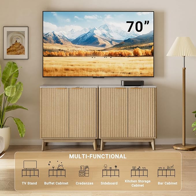 Sideboard Cabinet, Small Buffet Cabinet, Modern Fluted Storage Cabinet with Faux Marble Top & Adjustable Shelf, Accent Credenza Sideboard for Kitchen, Living Room, Entryway