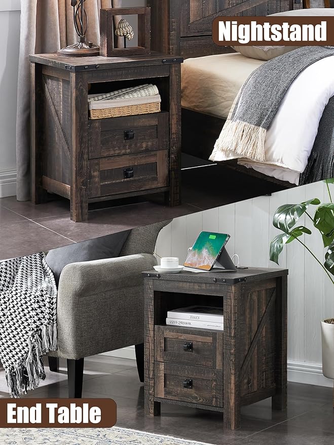 T4TREAM Nightstand with Charging Station, End Table, Side Table with 2 Drawers Storage Cabinet for Bedroom, Living Room, Farmhouse Design, Wood Rustic, Dark Rustic Oak