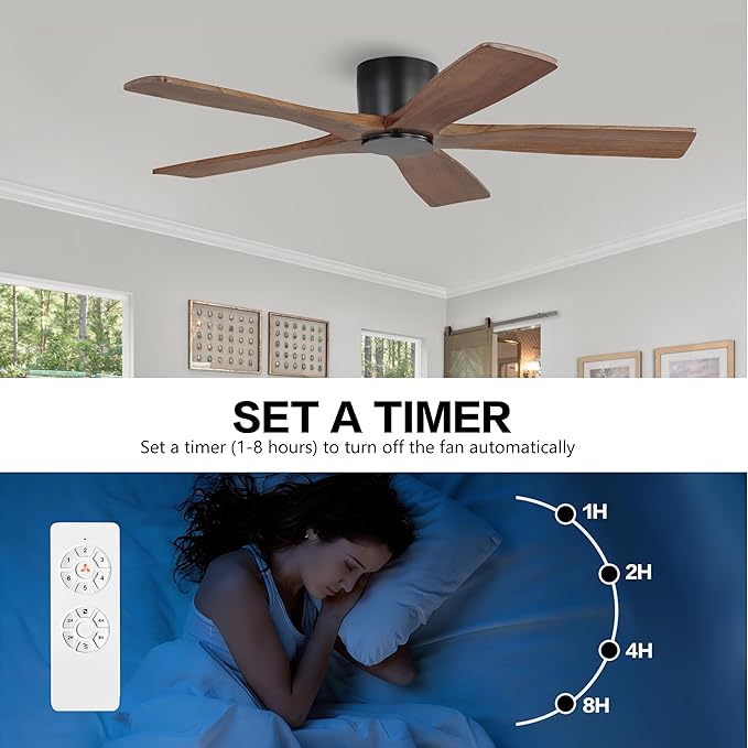 WINGBO 48" Flush Mount DC Ceiling Fans without Lights, 5 Carved Solid Wood Blades, 6-Speed Reversible DC Motor, Low Profile Hugger Ceiling Fan No Lights for Living Room Bedroom Patio, Black and Walnut