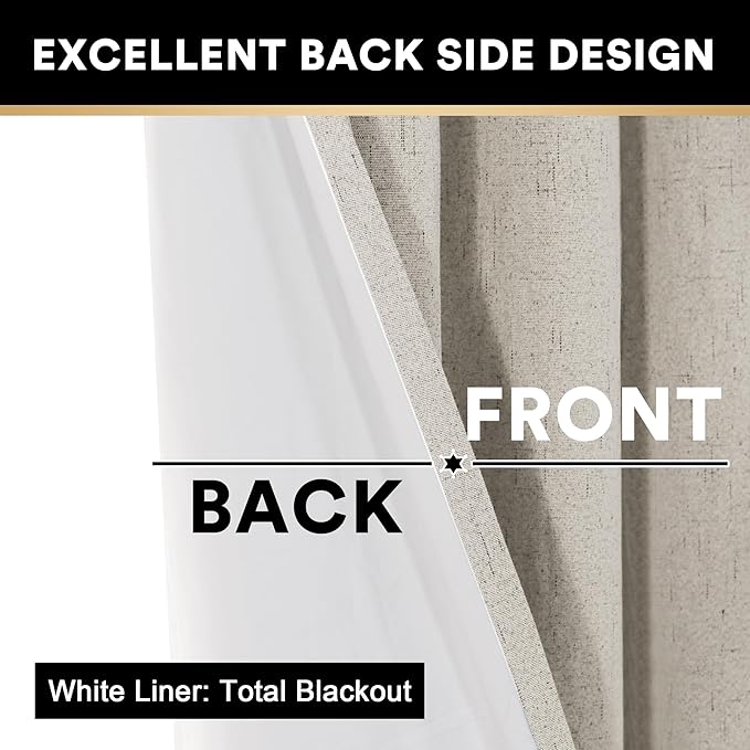 PrinceDeco 100% Blackout Curtains for Bedroom 84 Inches Long Linen Blackout Thermal Drapes Privacy Protection Room Darkening Window Curtain with White Liner, 2 Panels Set, W42 X L84,Stone
