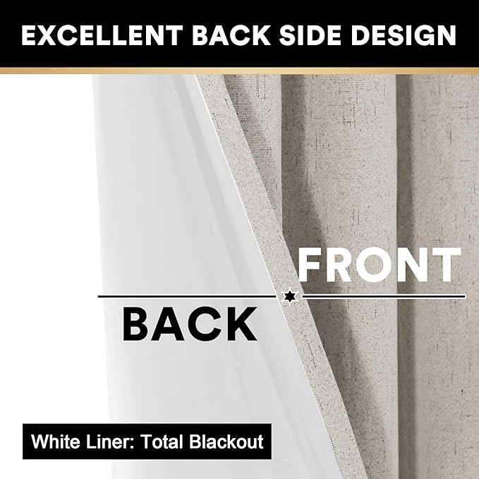 PrinceDeco Linen Blackout Curtains 100% Blackout Curtains for Bedroom Grommet Room Darkening Curtains & Drapes Thermal Insulated White Liner Noise Reducing Window Treatment Drapes,52" W x 54" L,Stone