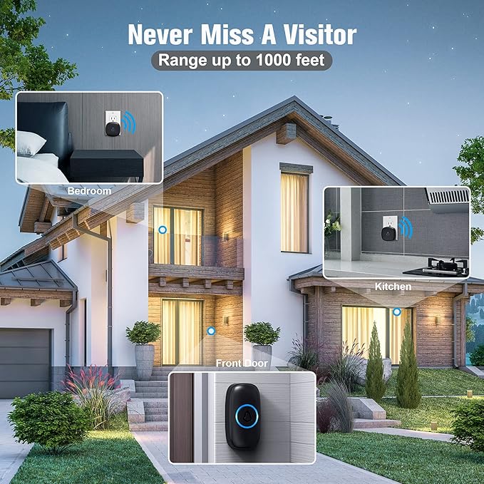 SECRUI Doorbell, Wireless Doorbell with 2 Receivers Easy installation, Adjustable Volume, 58 Chimes, Colorful LED, 1000Ft Range, M520+F55, Black