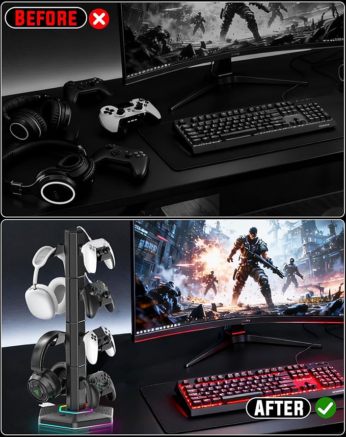 Kytok Headset And Controller RGB Stand for Xbox/ PS5/ PS4 Controller, Headphone & Remote Holder for Desk with 9 RGB Lights & 2 USB 3.0 Ports, Gaming Organizers & Storage Accessories for Gaming Gift