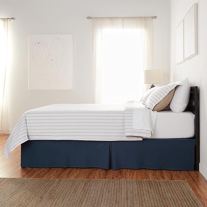 Amazon Basics Lightweight Pleated Bed Skirt, Queen, Navy Blue, Solid