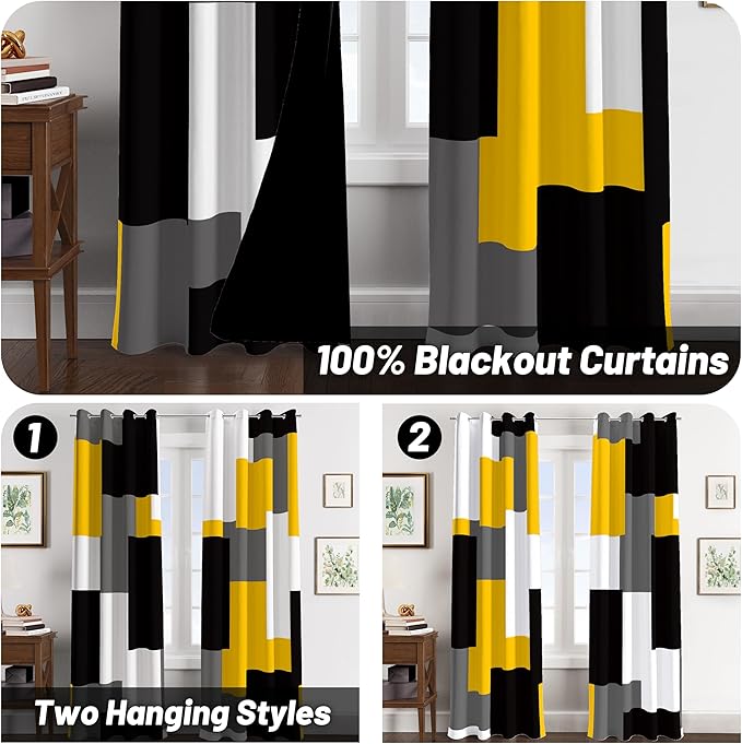 Yellow 100% Blackout Curtains for Bedroom 63 inch Length 2 Panels Set Mustard Yellow Grey Modern Abstract Geometric Black Out Curtains Room Darkening Window Drapes for Living Room, 52Wx63L