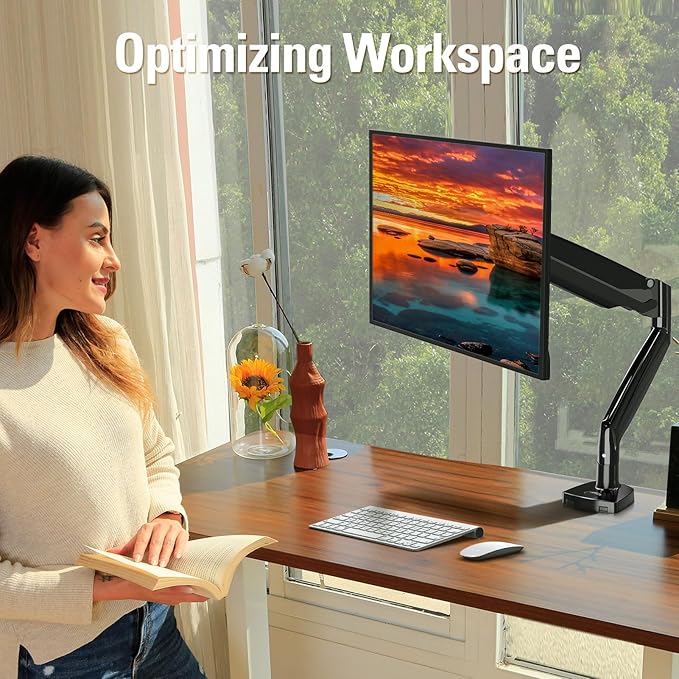 DreamAxis Single Monitor Mount Stand for 22-40" Computer Screens, Heavy Duty Gas Spring Monitor Arm Holds Up to 30.9 lbs, Adjustable Vesa Mount with C-Clamp & Grommet Base, Black